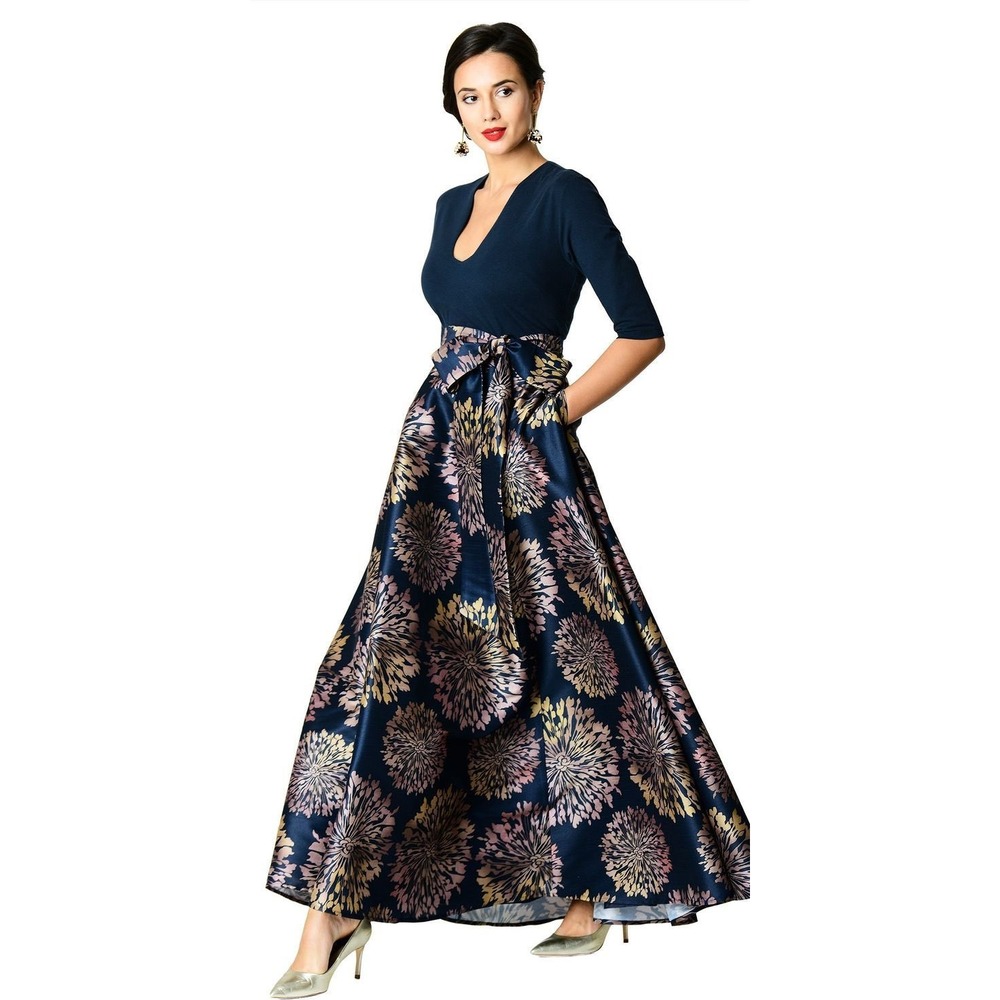 Wayward Fancies eShakti‎ Navy Blue Floral Jacquard Maxi Dress V-Neck Pockets